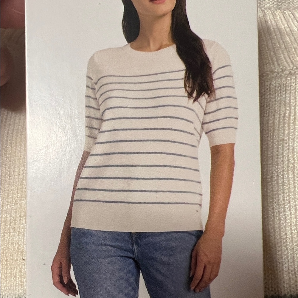 NWT Matty M short sleeve‎ knit top sweater cream denim strip XL S